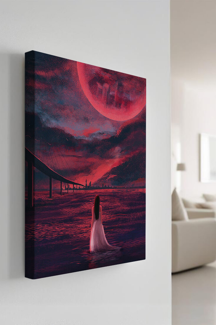 Dreamlike landscape with bridge and red night sky