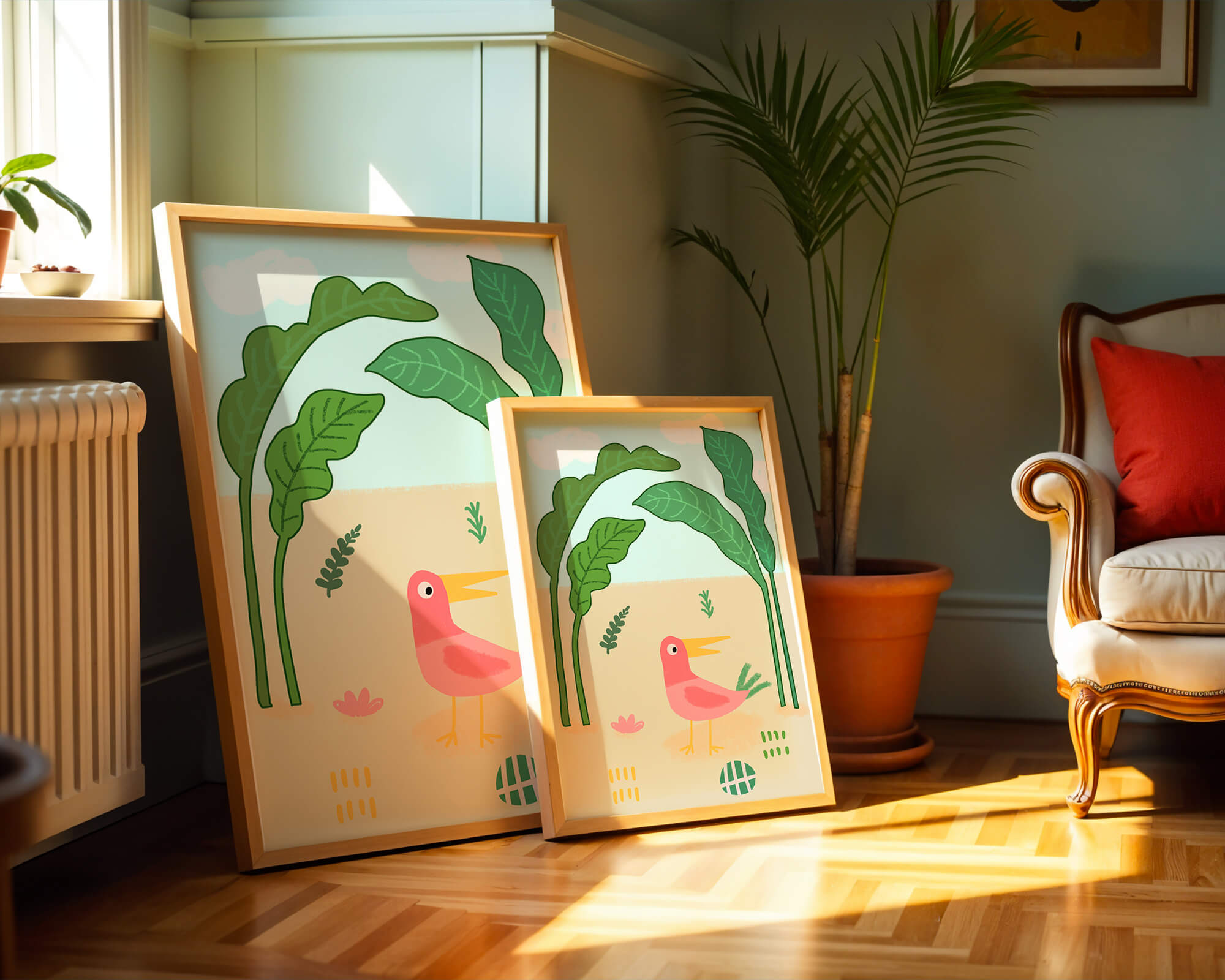 Colorful bird with large leaves and playful design