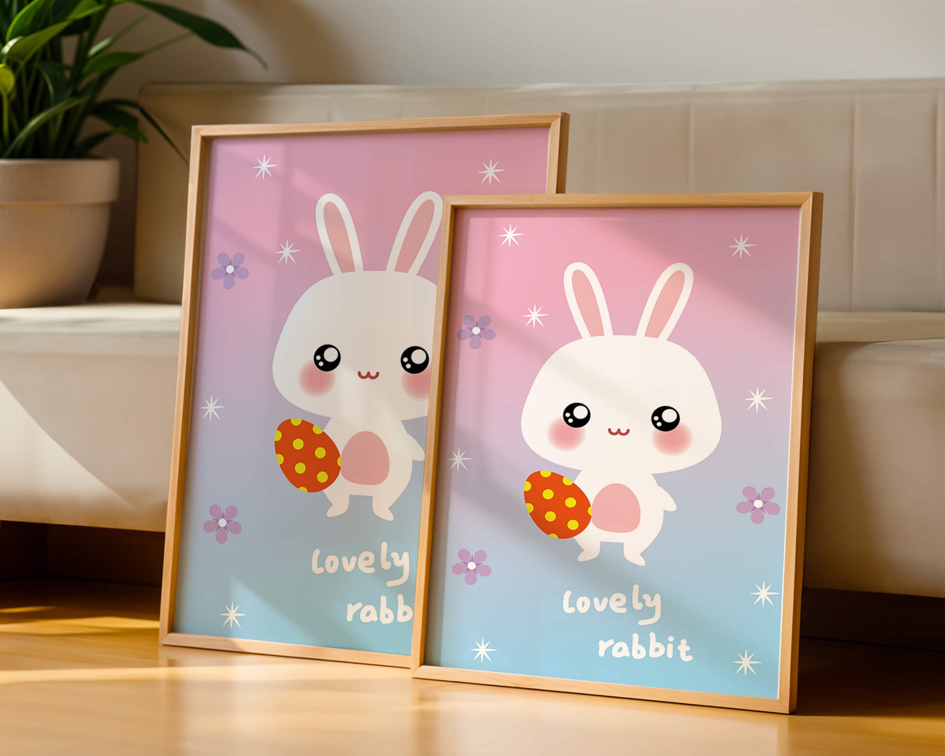 Adorable rabbit illustration with a colorful egg on a pastel background
