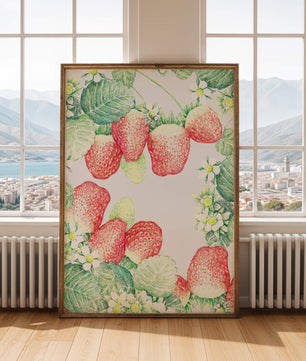 Ilustración de fresas y flores con hojas verdes exuberantes