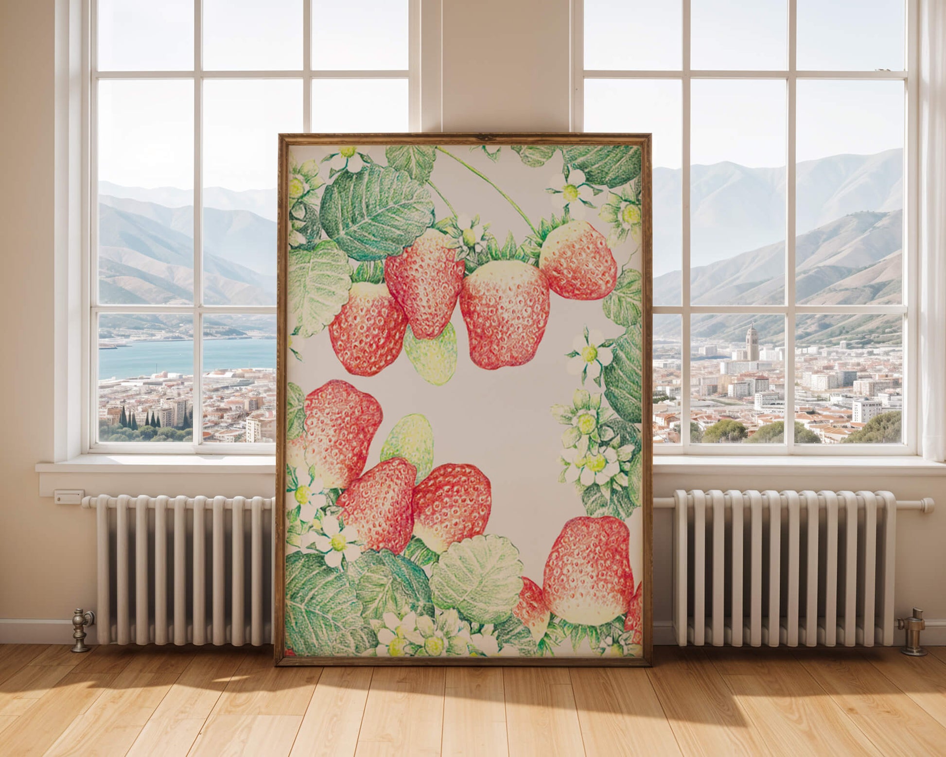 Illustration of strawberries and flowers with lush green leaves