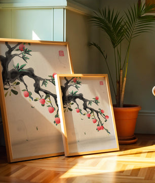 Asian ink painting featuring cherry blossoms on a textured background