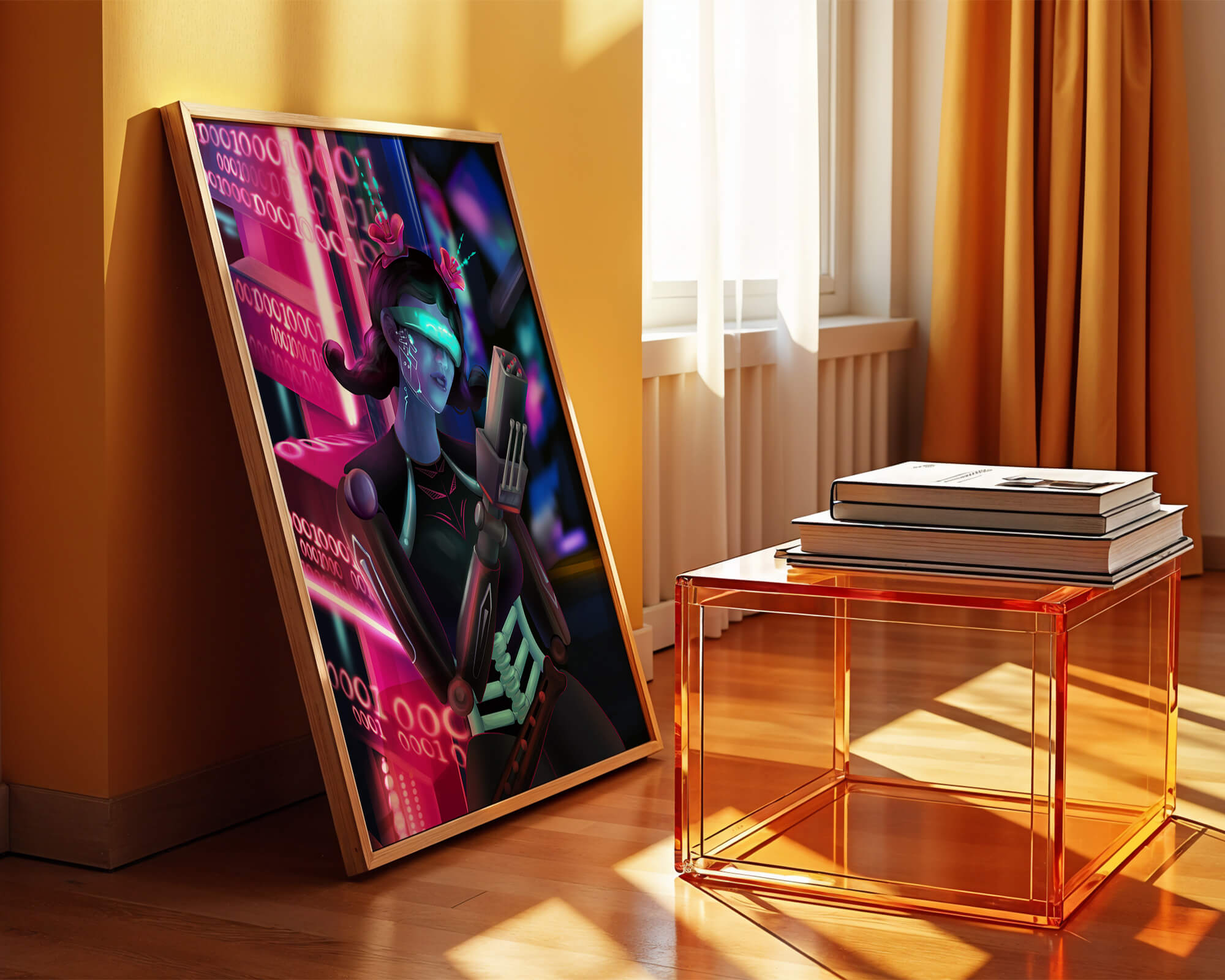 Futuristic Cyborg Woman in Digital Neon Landscape - Mi tienda