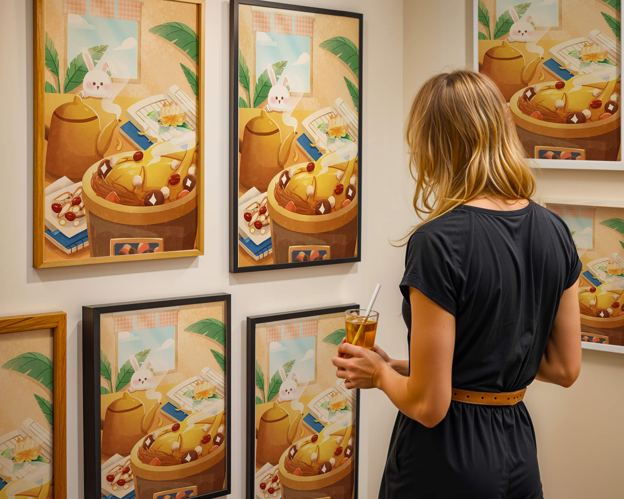 Cozy kitchen scene with cute bunny, teapot, and golden dessert