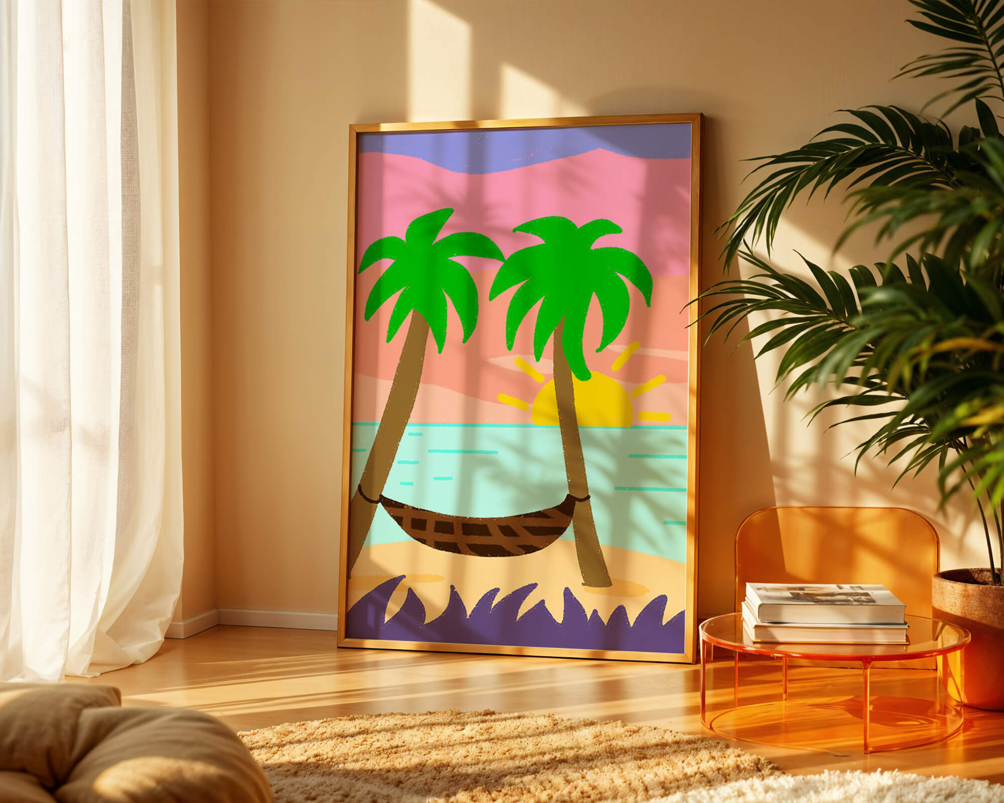 Tranquil beach scene with hammock and sunset