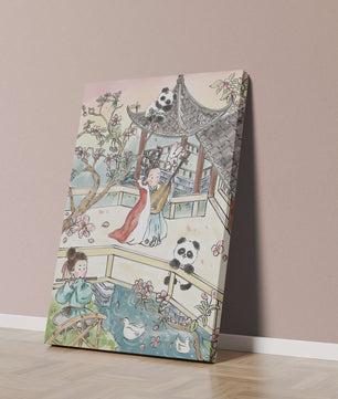 Tranquil Asian Garden Scene with Pandas and Blossoms