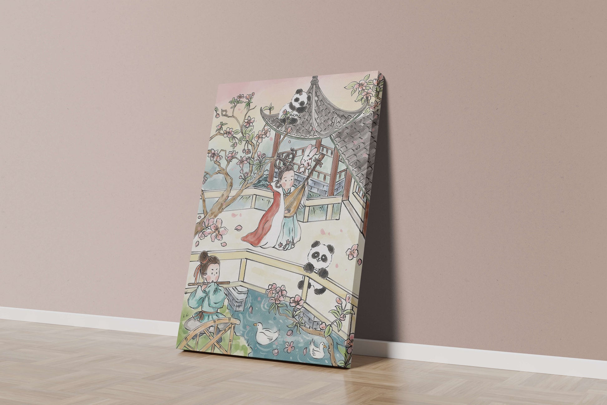 Escena tranquila de jardín asiático con pandas y flores