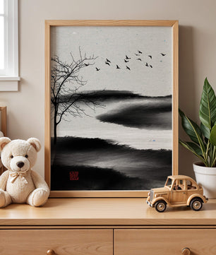 Minimalist Landscape with Silhouetted Tree and Birds