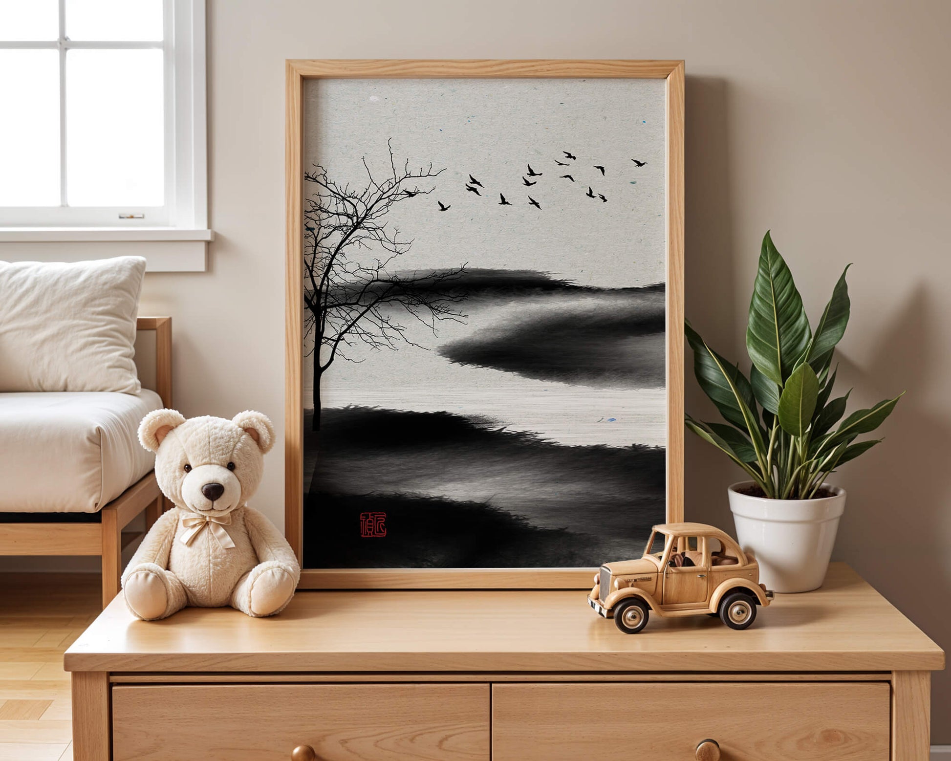 Paisaje minimalista con siluetas de árboles y pájaros