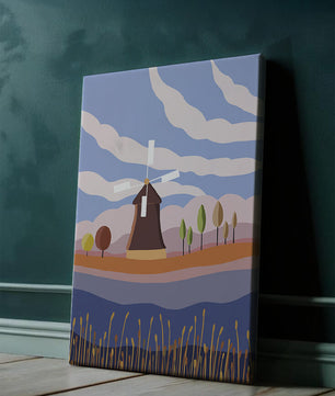 Paysage coloré avec moulin à vent et arbres abstraits