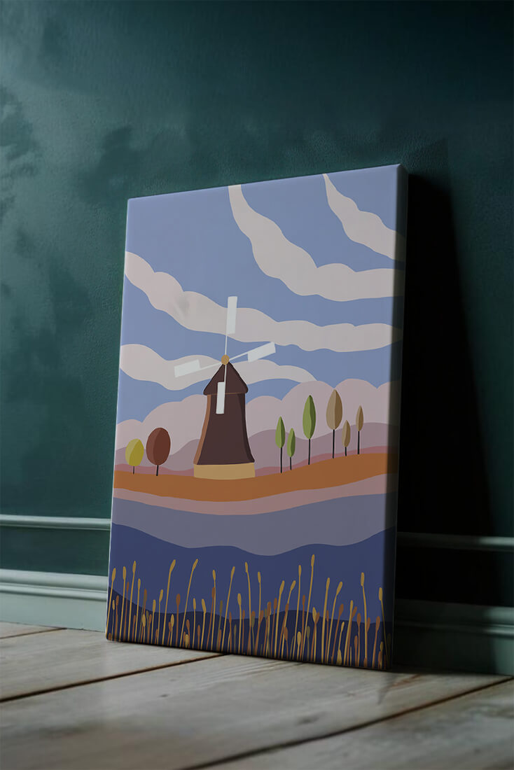 Colorful Landscape Featuring Windmill and Abstract Trees