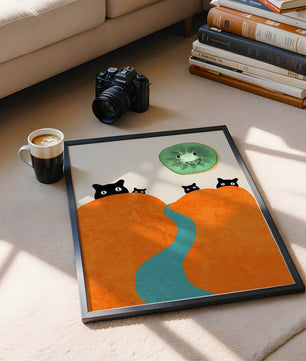 Playful Cats and Smiling Kiwi in Vibrant Hills