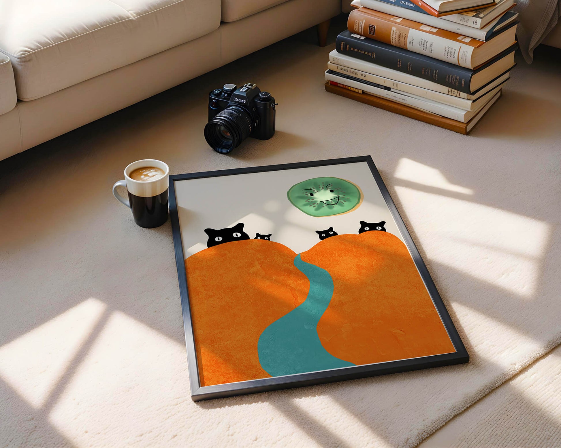 Playful Cats and Smiling Kiwi in Vibrant Hills