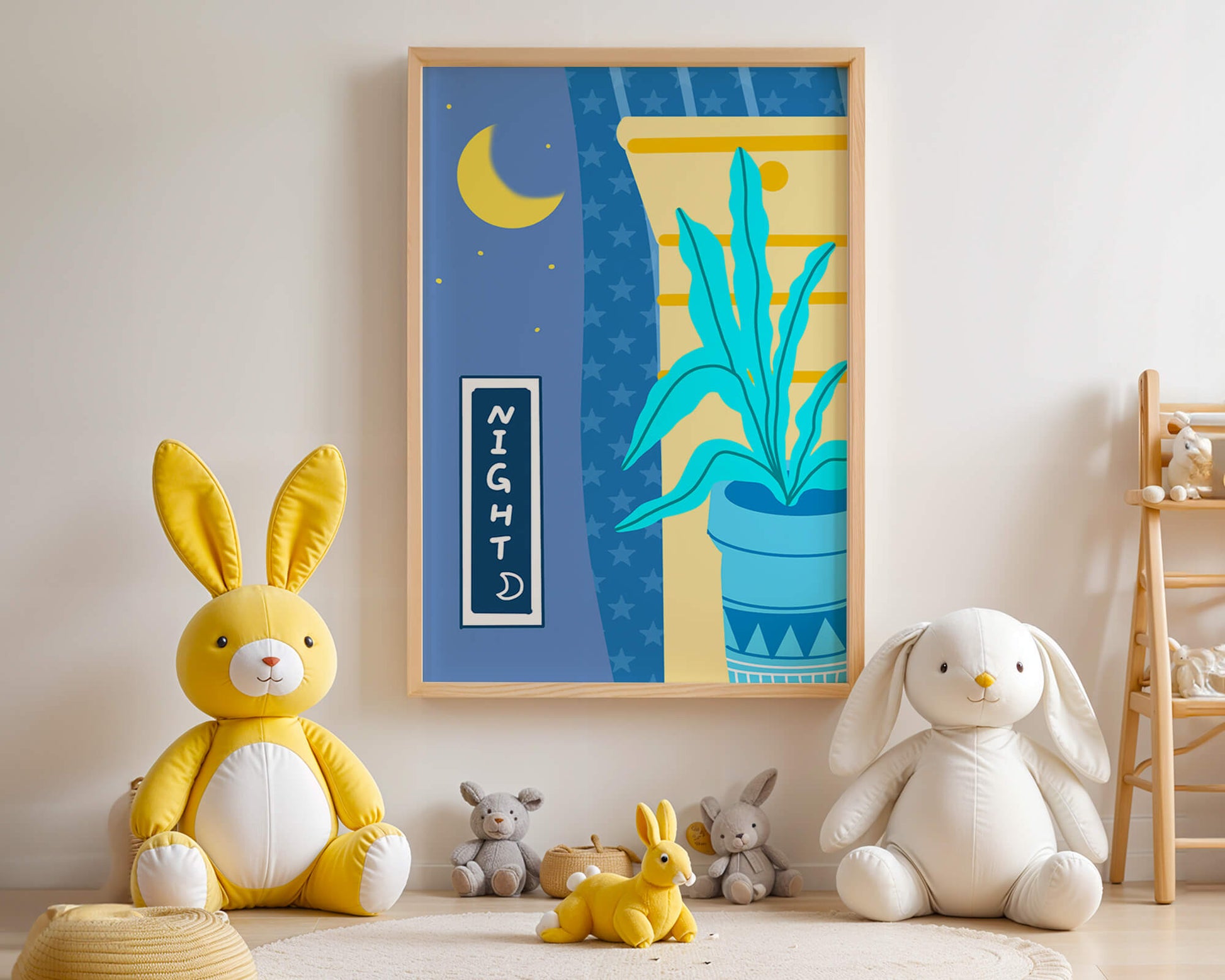 Nighttime plant illustration with crescent moon and starry background