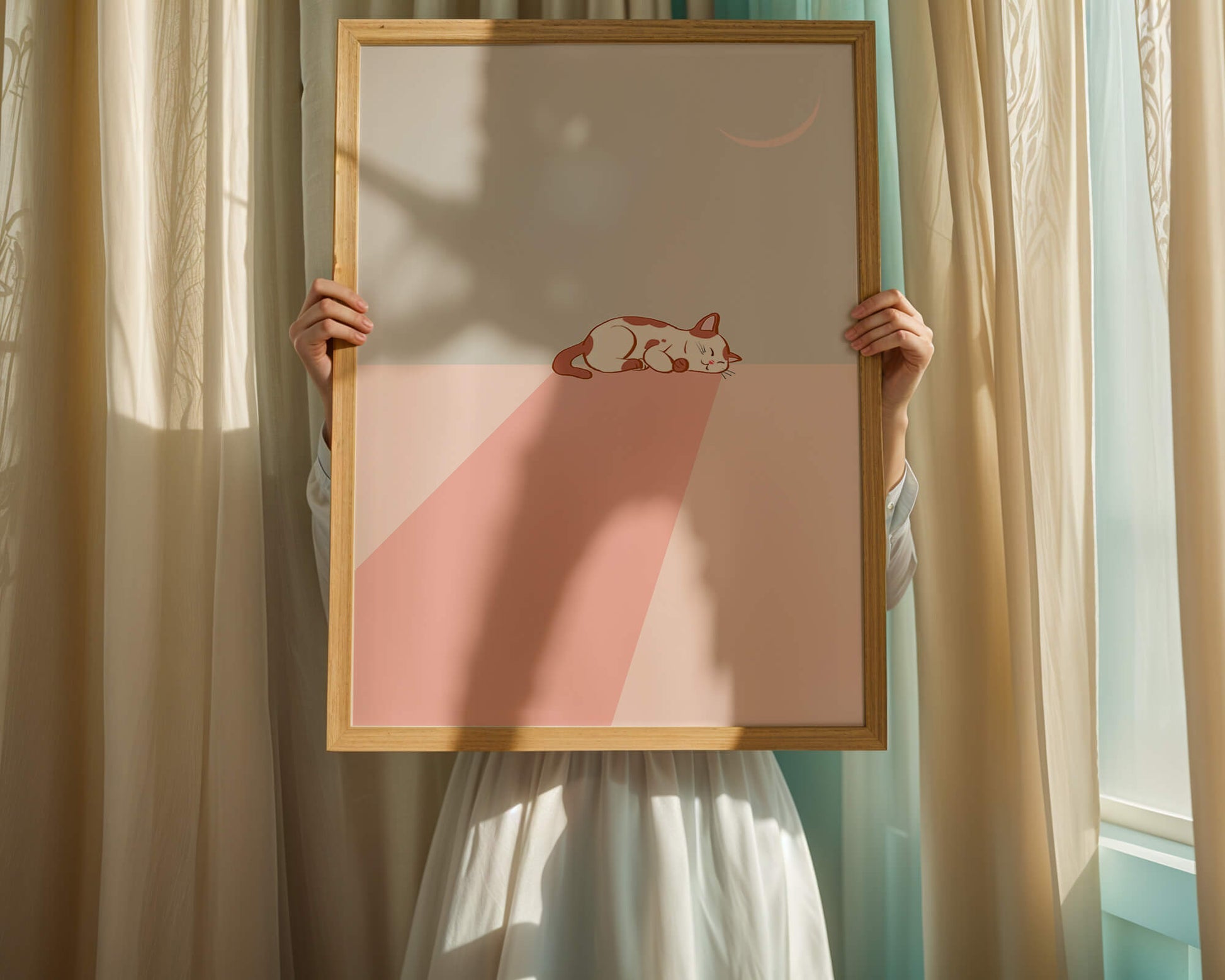 Sleeping Cat in Minimalistic Moonlit Scene