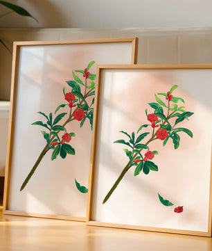 Ilustración detallada de una rama floreciente con flores rojas vivas y hojas verdes exuberantes