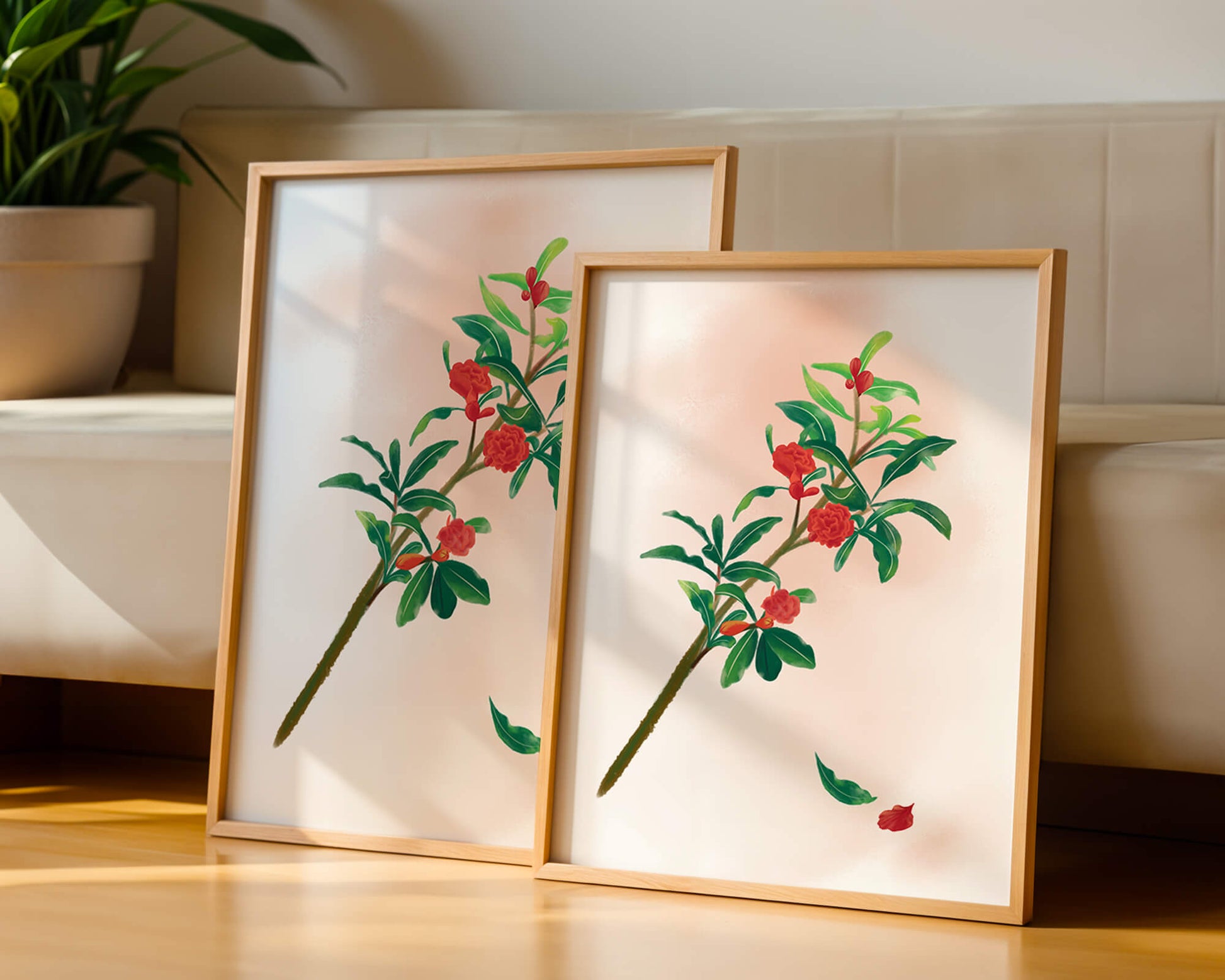 Detailed illustration of a flowering branch with vivid red blooms and lush green leaves