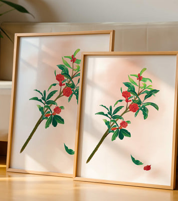 Detailed illustration of a flowering branch with vivid red blooms and lush green leaves