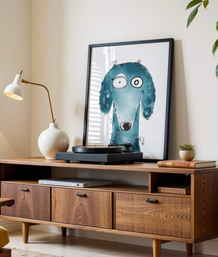 Illustration fantaisiste d’un chien bleu aux traits expressifs