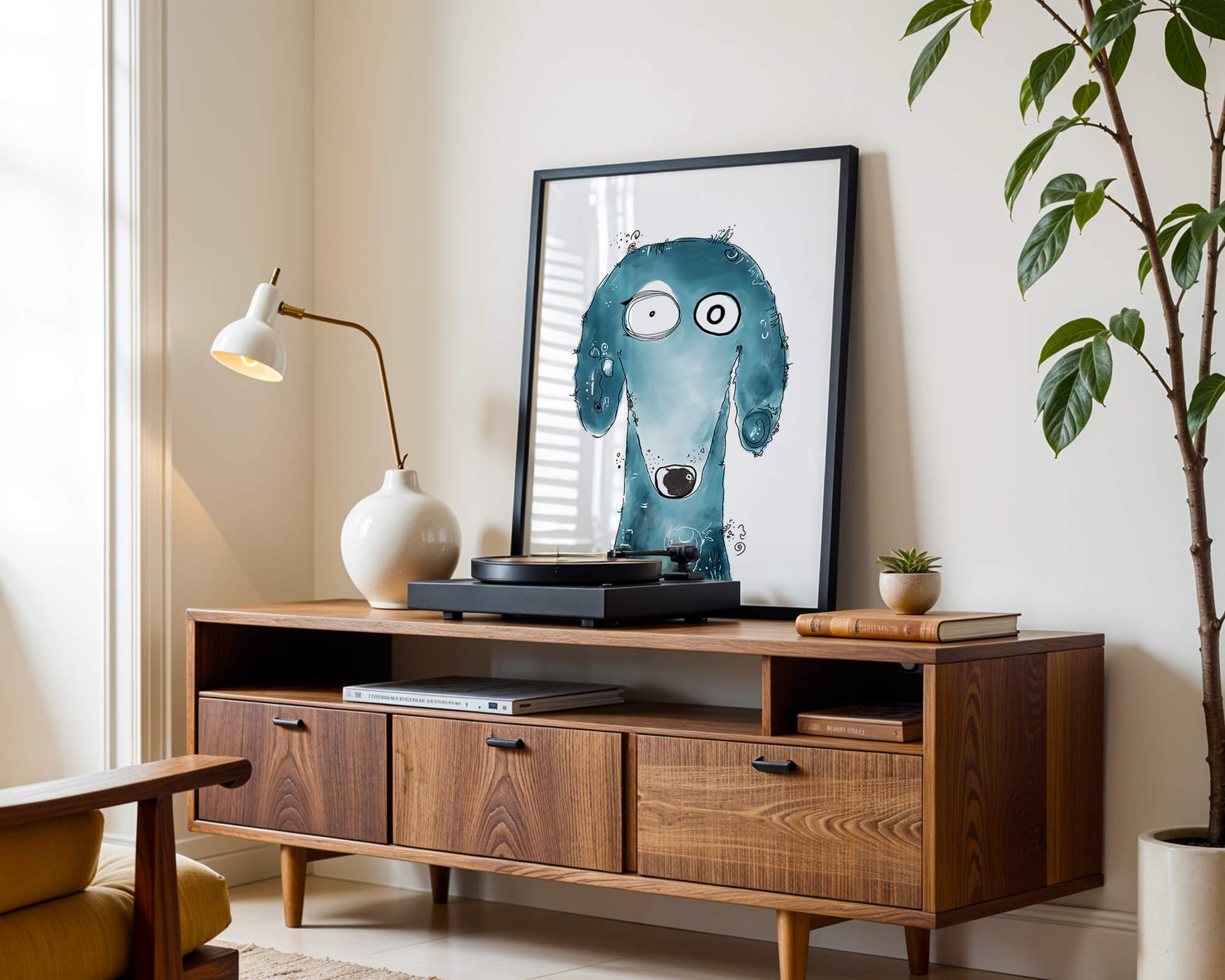 Whimsical blue dog illustration with expressive features