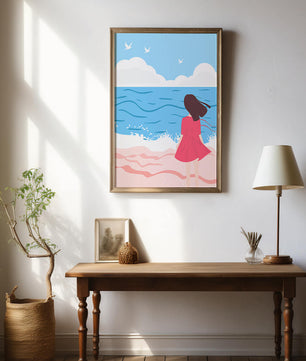 Serene seaside illustration with a girl in a pink dress gazing at the ocean