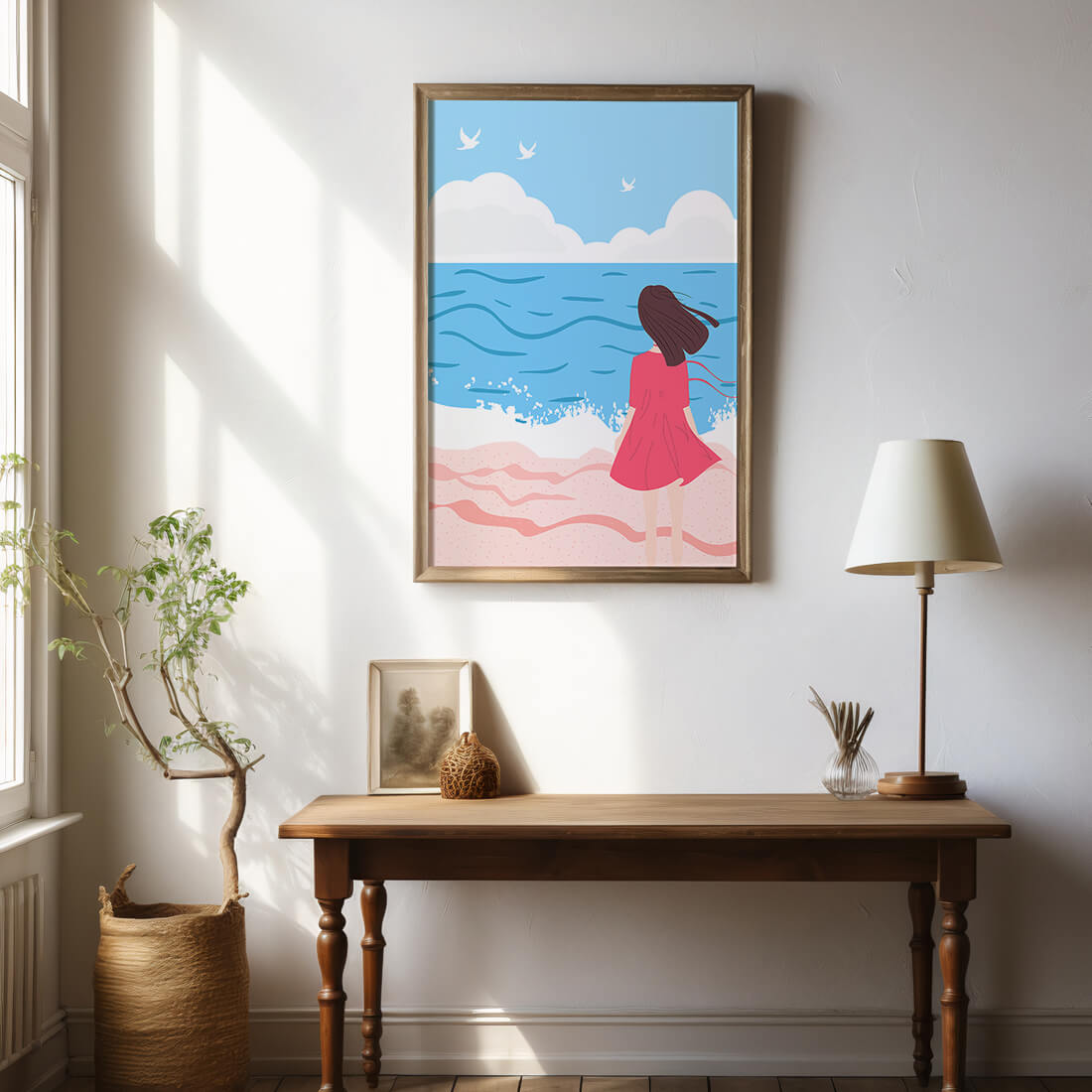 Serene seaside illustration with a girl in a pink dress gazing at the ocean