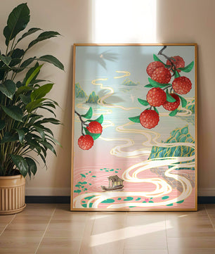Idyllic Landscape with Lush Lychee Branches and Serene Waterscape
