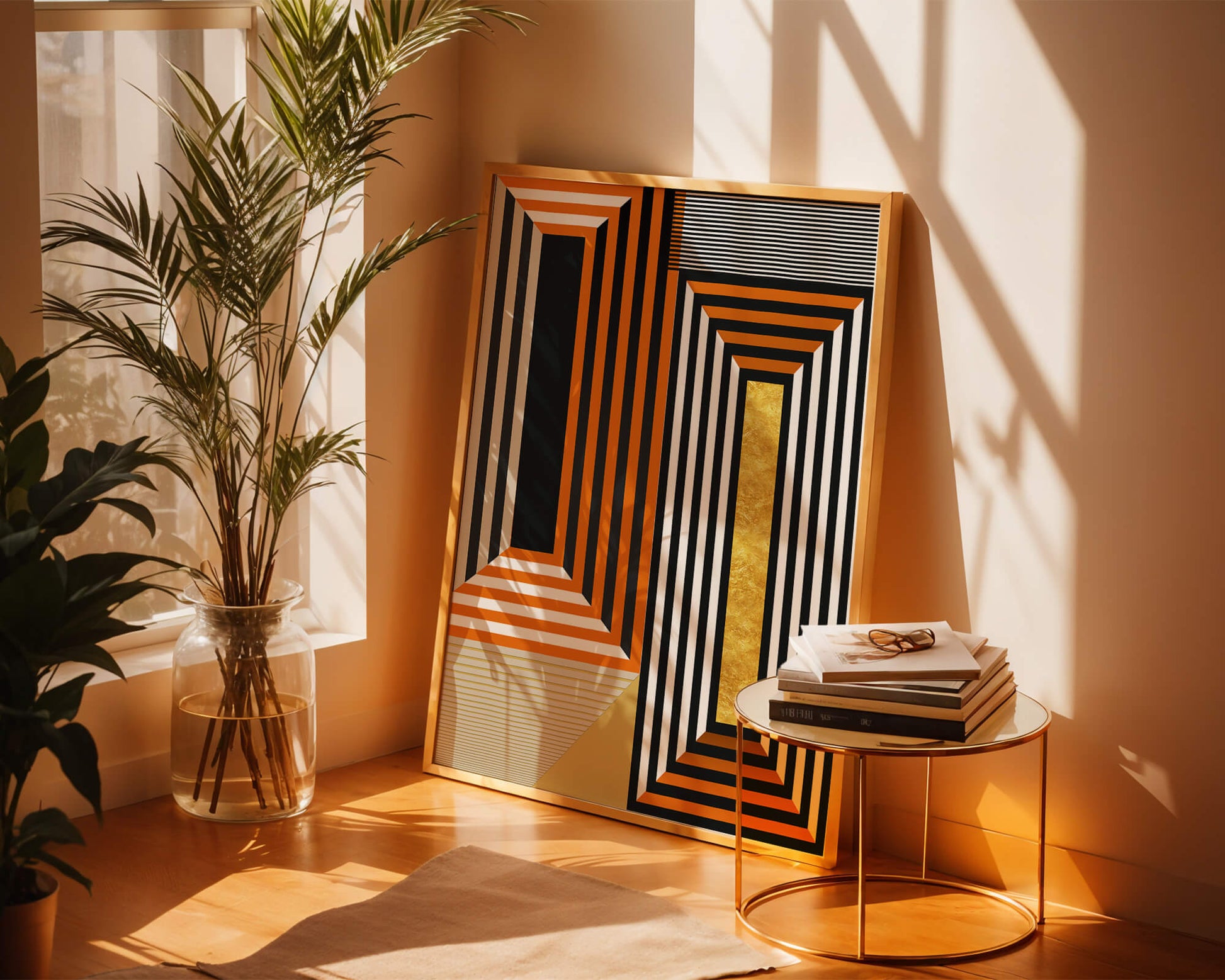 Geometric Abstract Art with Stripes and Gold Element in Orange, Black, and White