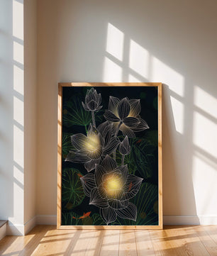 Lotus Flowers with Glowing Accents and Koi Fish Underwater