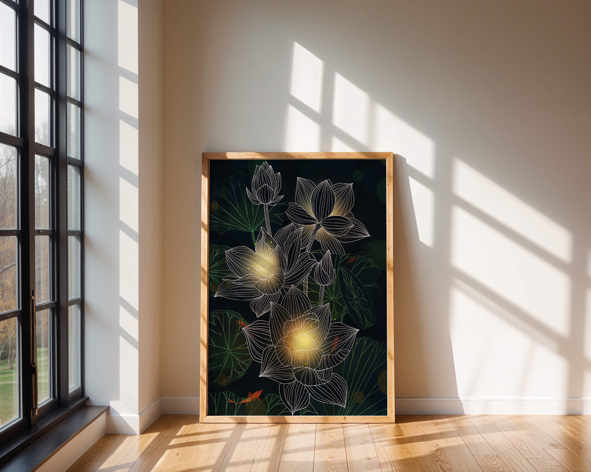 Flores de loto con detalles luminosos y peces koi bajo el agua