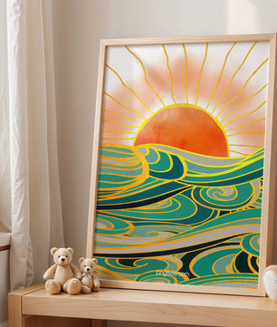 Sunrise over stylized ocean waves with gold accents