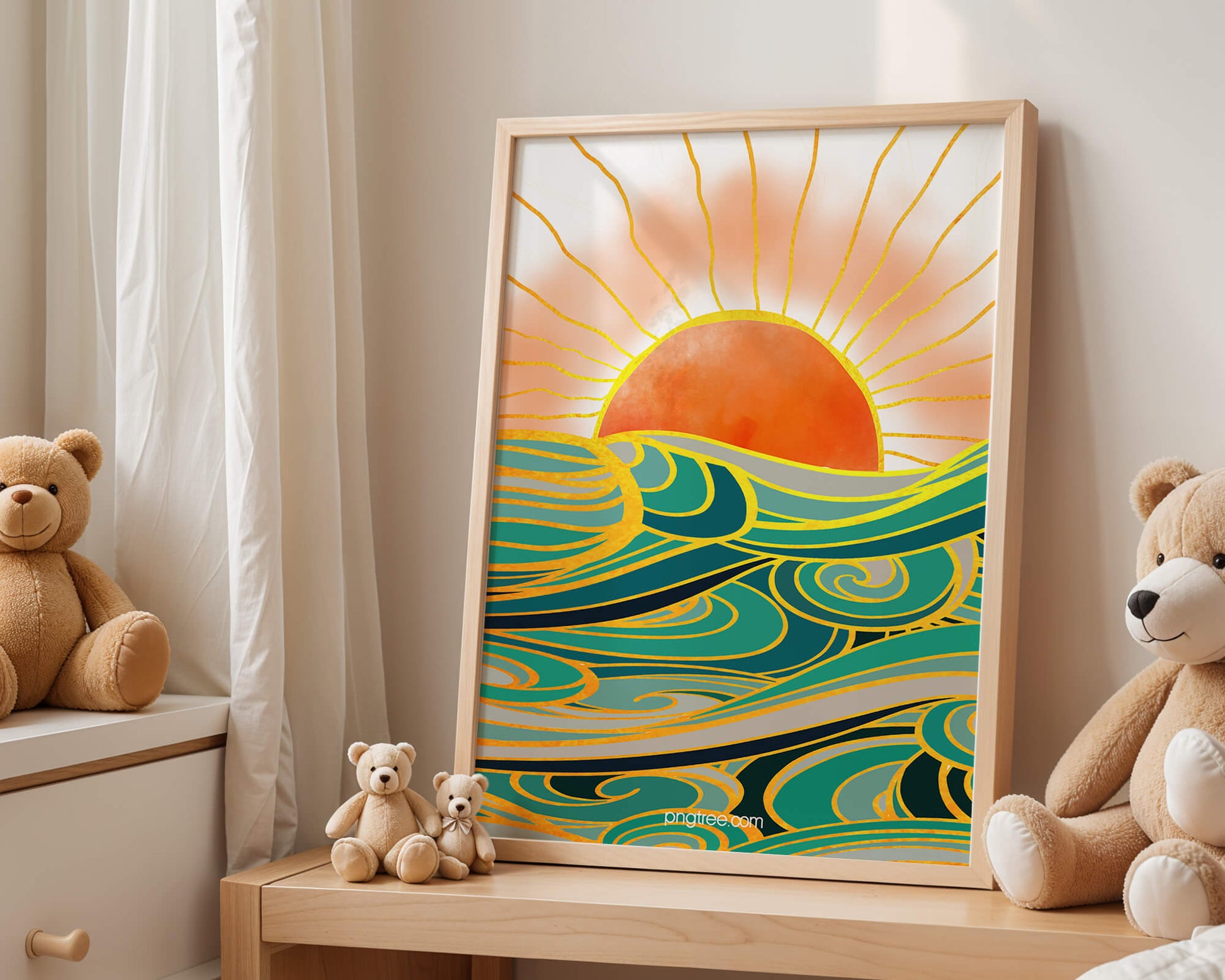 Sunrise over stylized ocean waves with gold accents