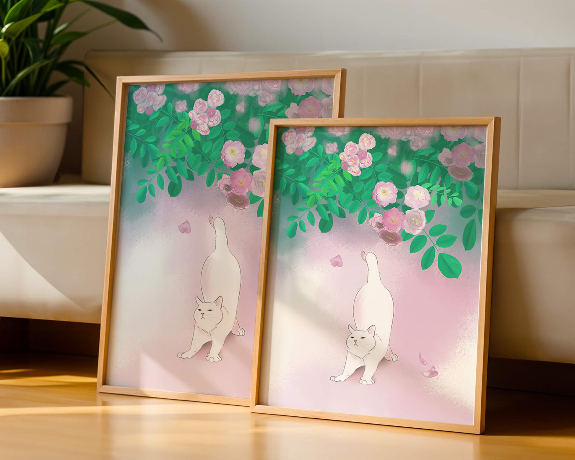 White cat stretching beneath blooming flowers in a pastel garden setting