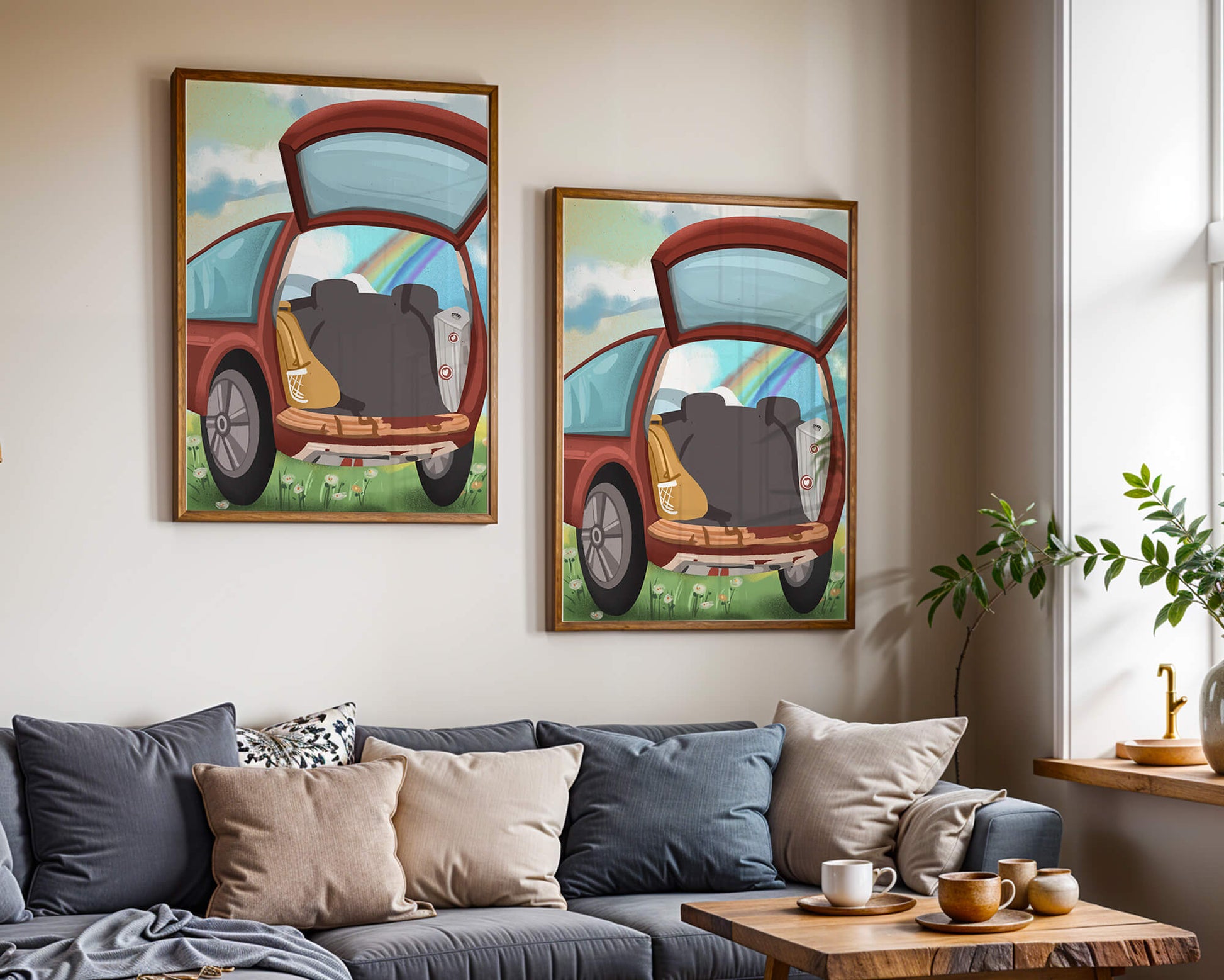 Car Trunk with Picnic Items and Rainbow in Background