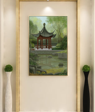 Tranquil Asian garden scene with traditional pagoda and serene pond