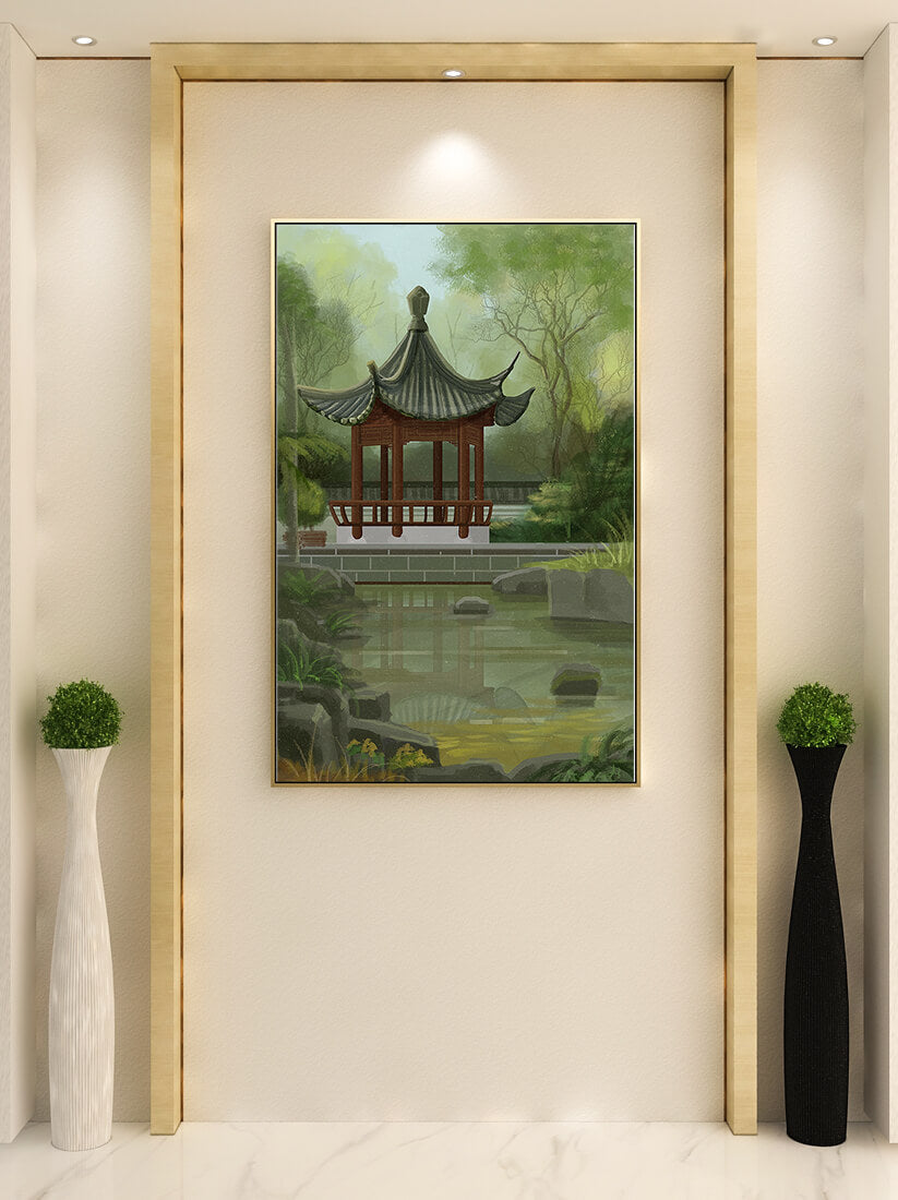 Tranquil Asian garden scene with traditional pagoda and serene pond
