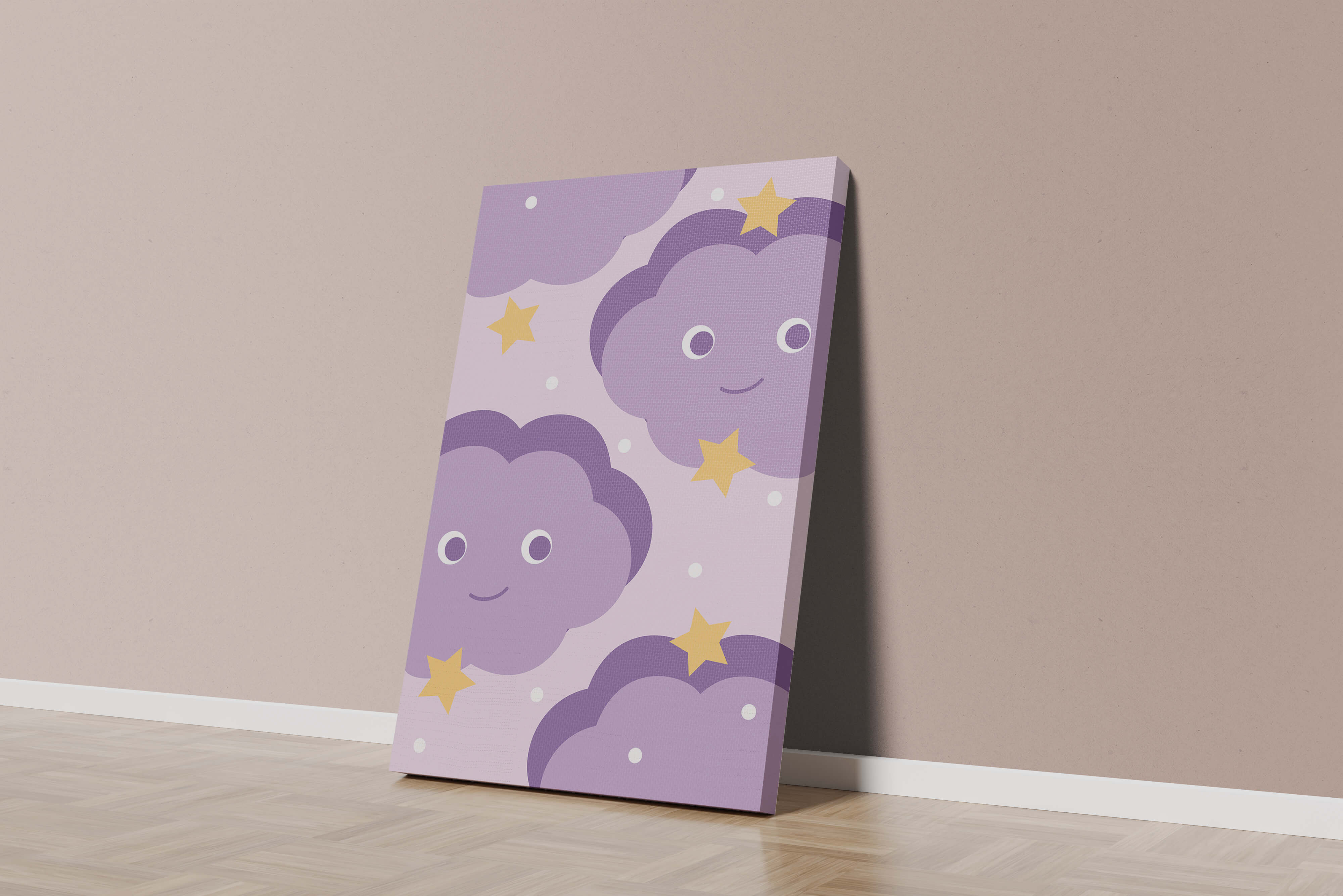 Whimsical purple cloud and star pattern for children's room decor