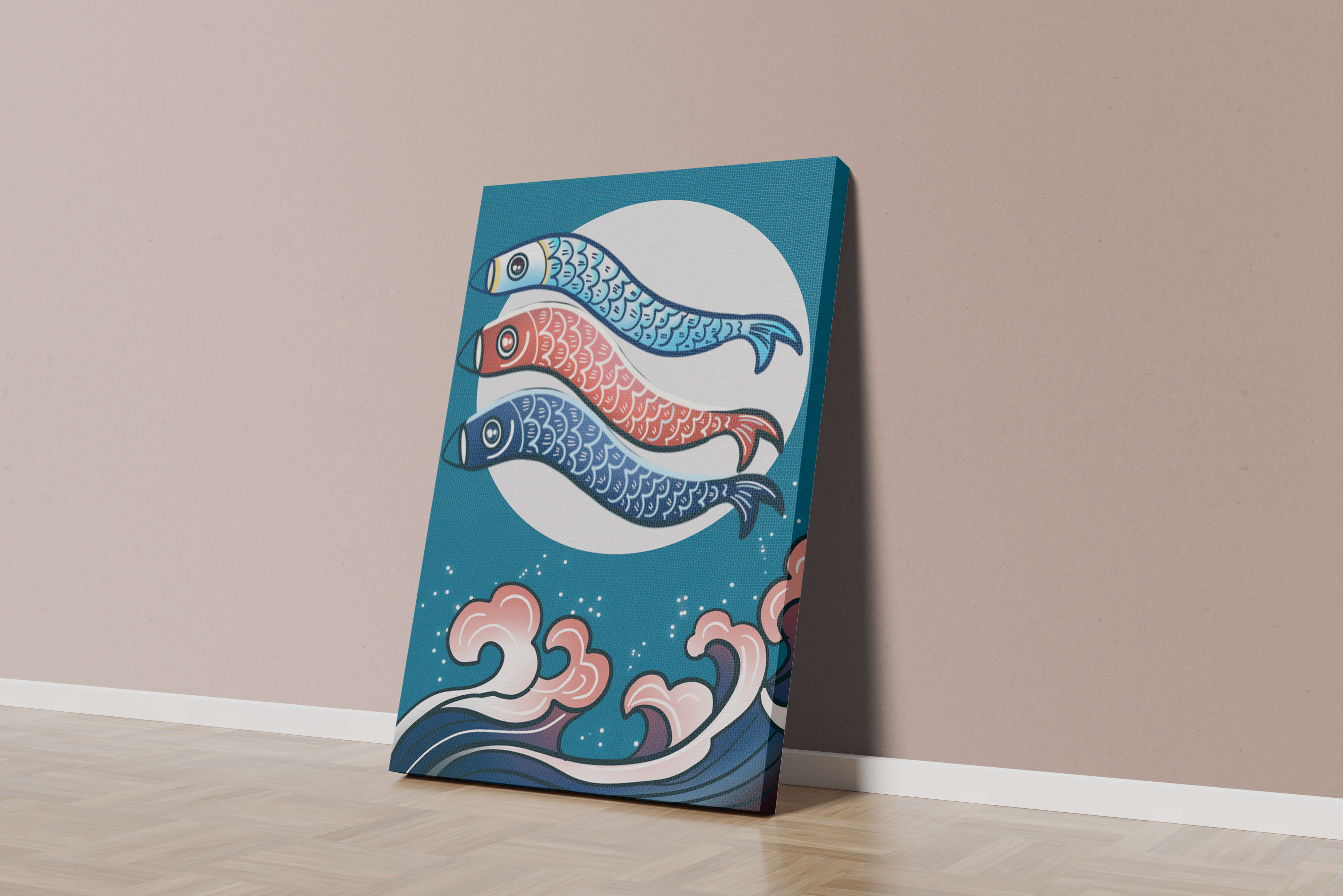 Colorful koi fish kites against a full moon with ocean waves