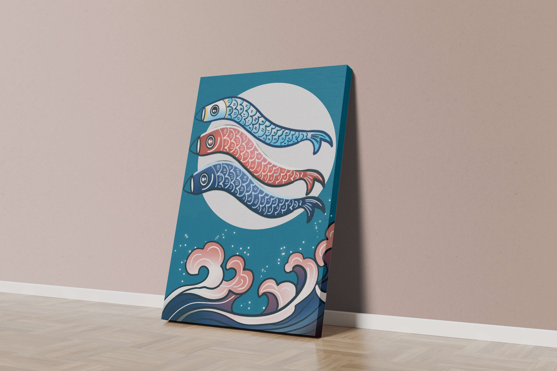 Colorful koi fish kites against a full moon with ocean waves