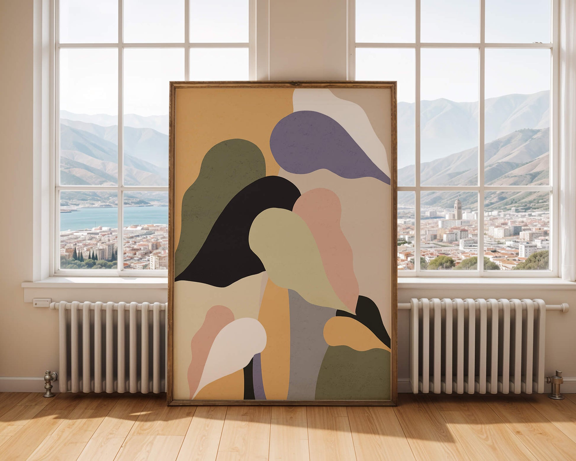 Abstract organic shapes in pastel colors with textured background