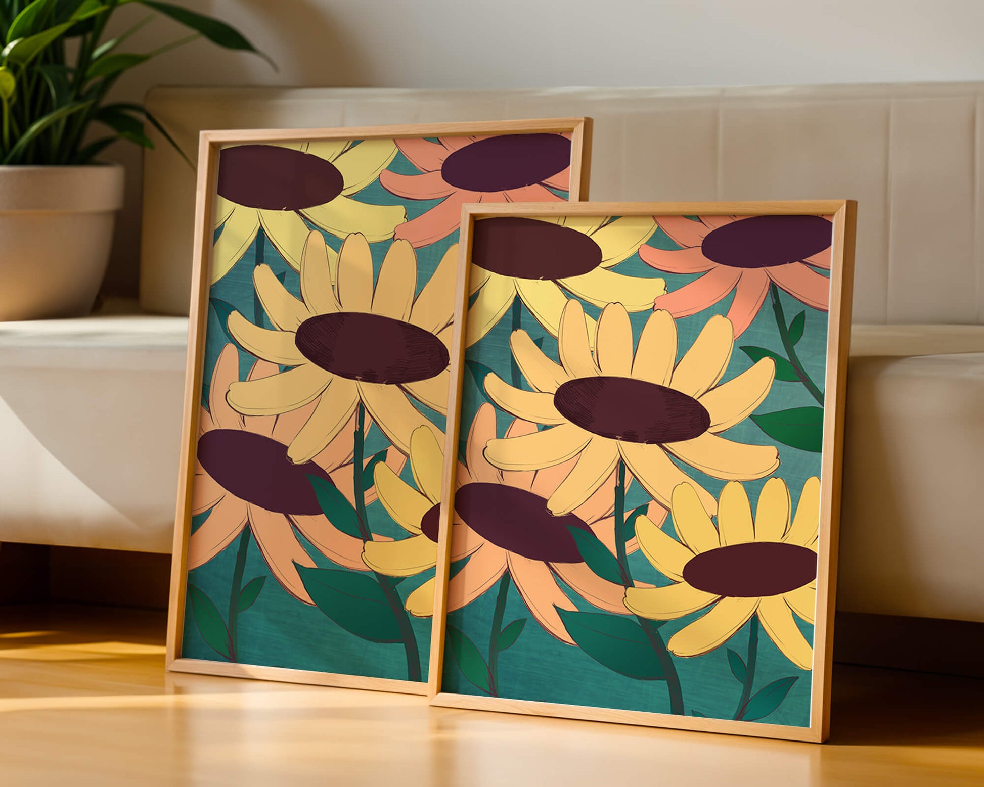 Ilustración floral con margaritas amarillas y naranjas sobre fondo turquesa