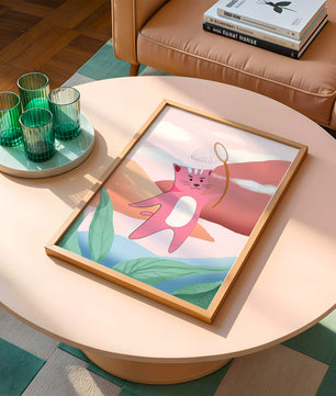 Pink Cat Holding Net in Whimsical Landscape