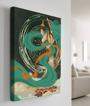 Elegant depiction of traditional musical culture with vibrant flowing ribbons and intricate patterns