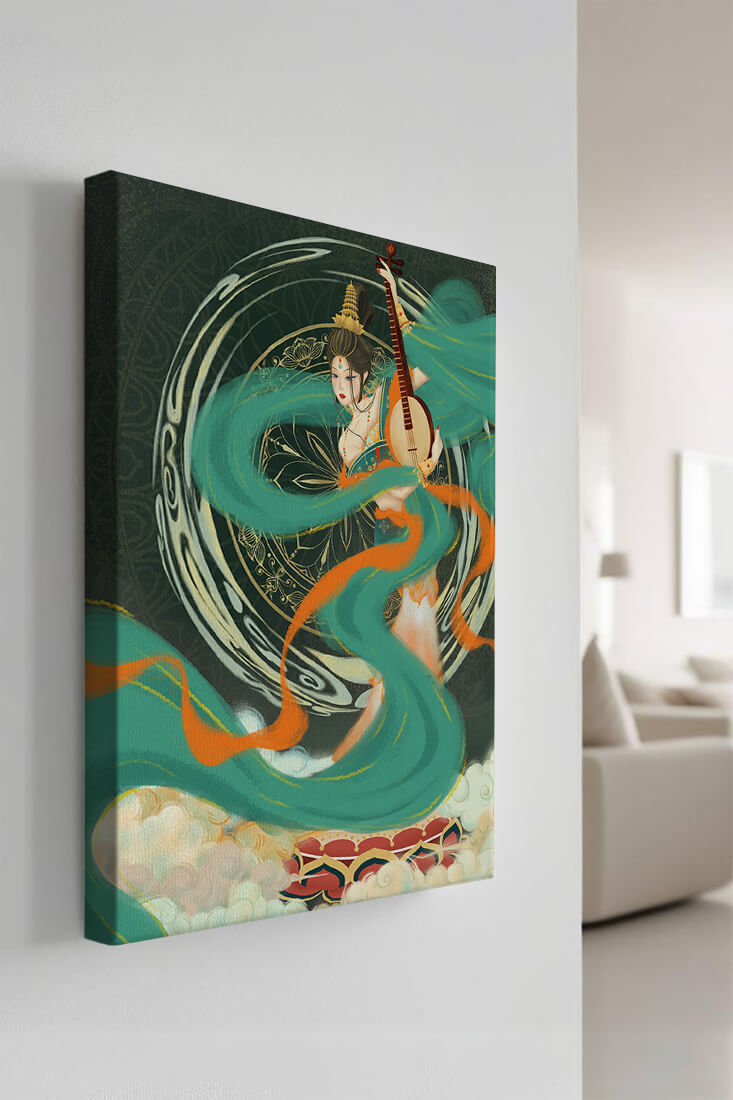 Elegant depiction of traditional musical culture with vibrant flowing ribbons and intricate patterns
