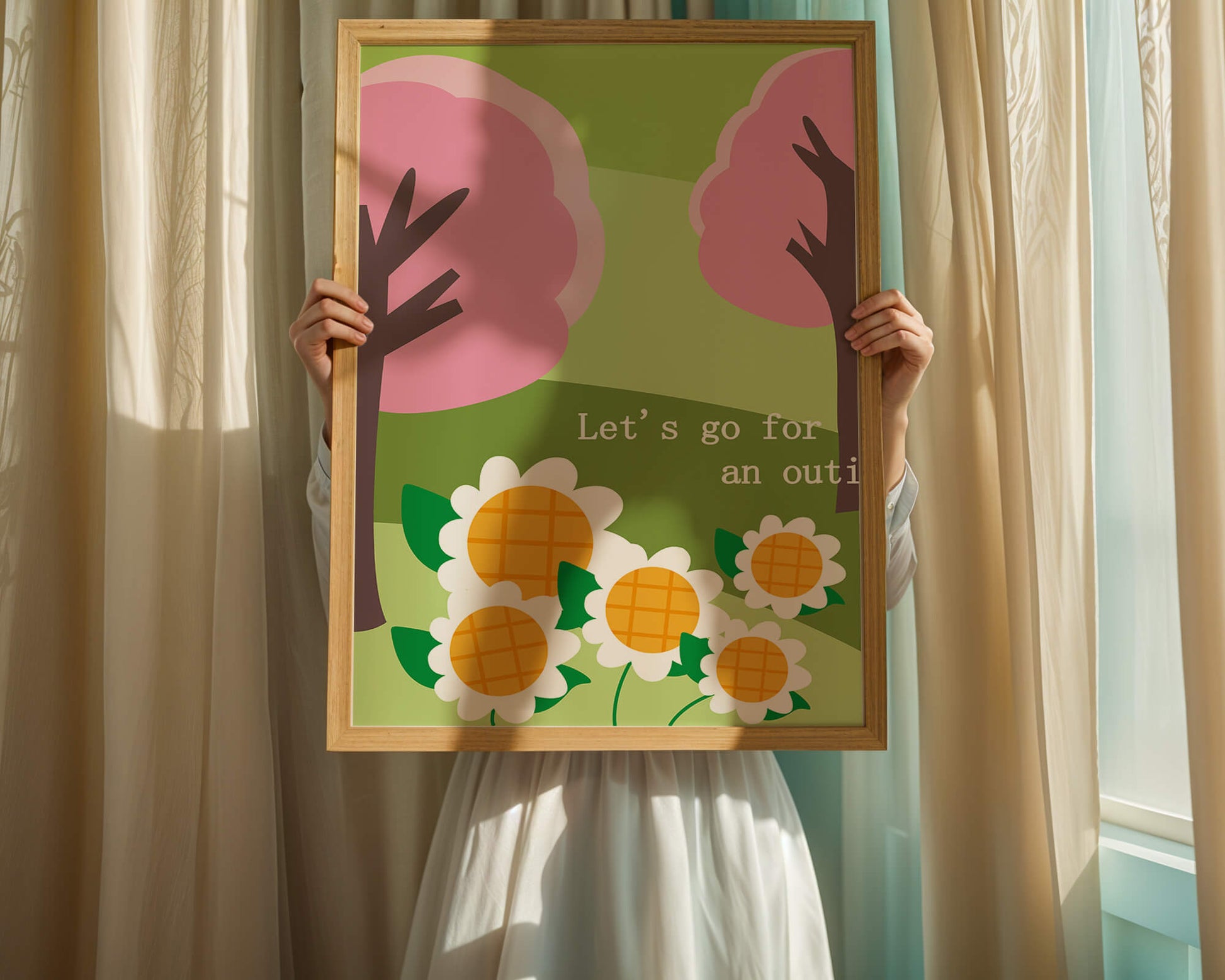 Charming spring landscape with pink trees and daisies