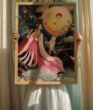 Traditional Asian Art with Flute Player and Moon Rabbit