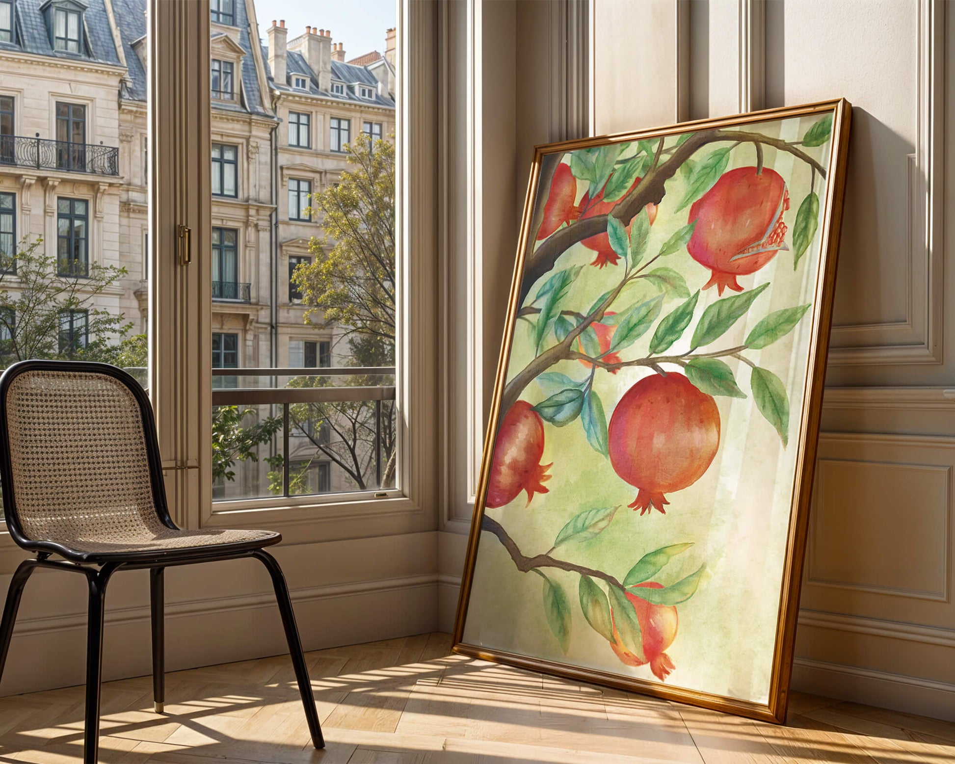 Watercolor Pomegranate Tree Branch with Fruits and Leaves