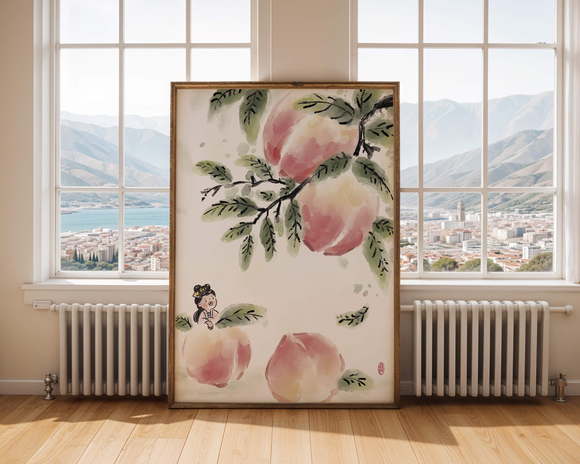 Encantadora ilustración de una chica entre flores de melocotón y hojas verdes