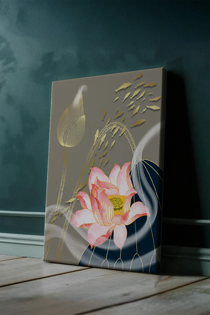 Elegant floral design with blooming lotus and golden fish accents