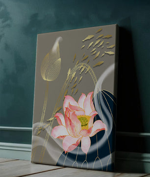 Elegant floral design with blooming lotus and golden fish accents
